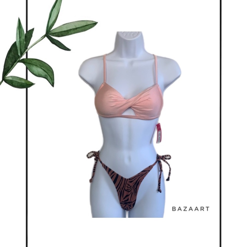 Xhilaration Pink Twist Bikini Top & Brown Tiger Print Bikini Bottoms